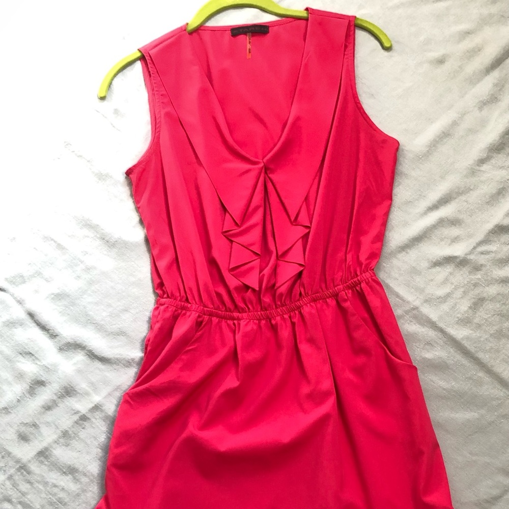 Hot pink low V-cut dress with ruffles
